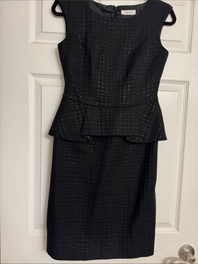 Calvin Klein Black Textured Peplum Sheath Dress with Cap Sleeves